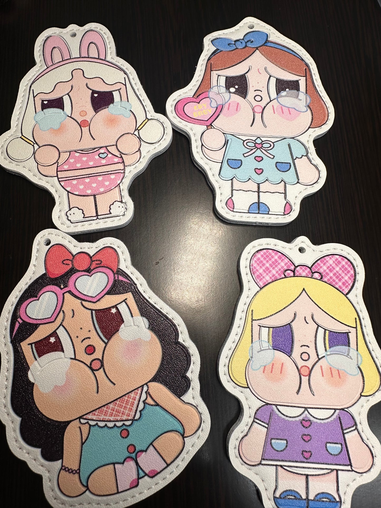 Cute Crying Girl Character Faux Leather Charms- for bag charms, keyrings, Christmas ornaments