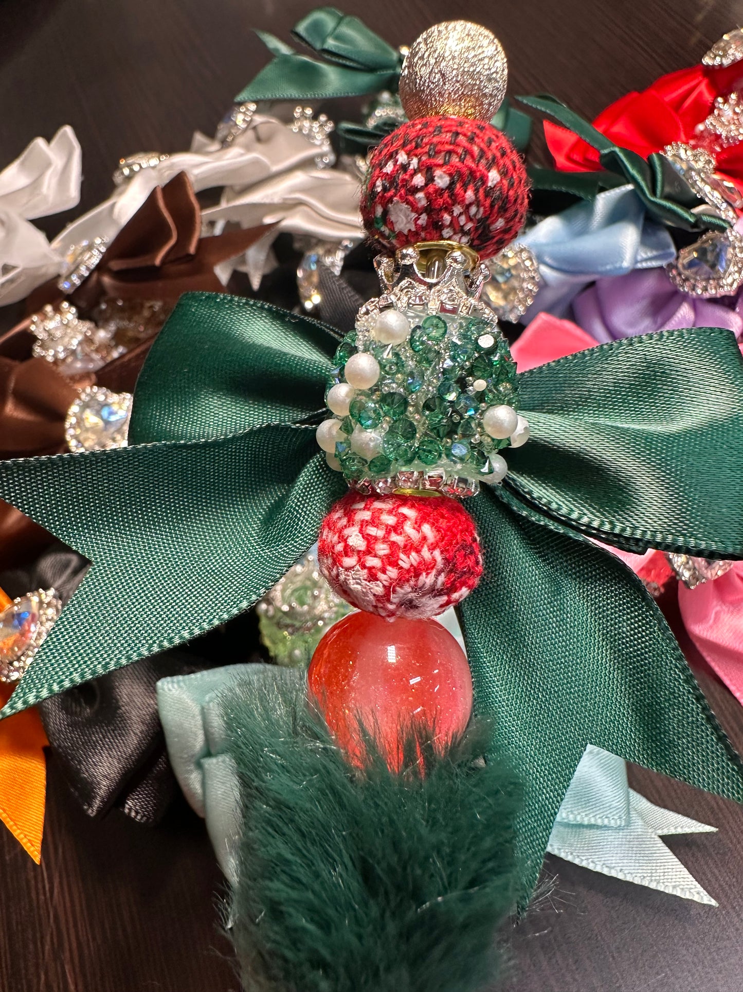 Large fancy rhinestones crown beads with satin bow