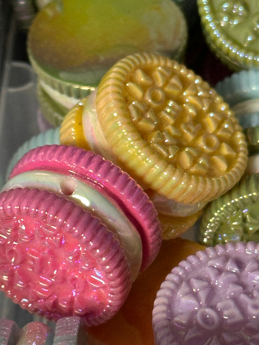 Five (5) unique pastel cookie beads included/ random choice of colors/ snack shaped acrylic/ Perfect for pen beading/ jewelry making/