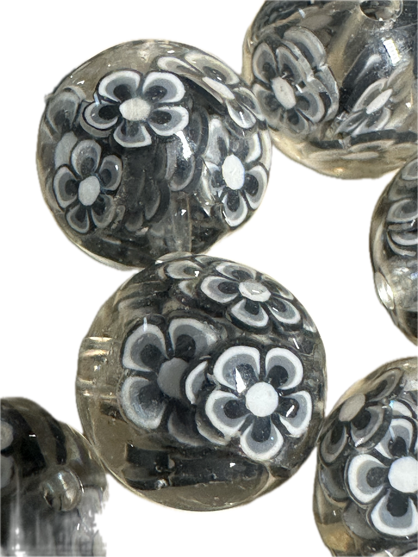 20mm resin beads with black and white flowers inside/ set of five (5) 20mm beads/ infused beads/ pen beading beads/ beautiful / keychain beads/ DIY