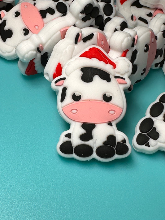 Christmas Black and white cows /  Focal Bead/ beadable pen/ Silicone  bead/ keychain bead/  animal/ farm/ Santa hat