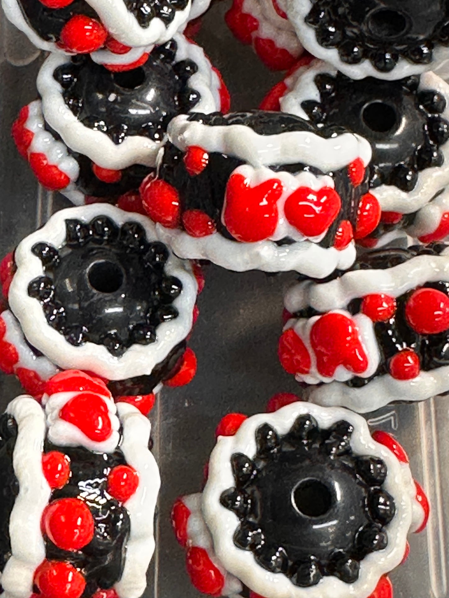 Hand painted handmade Beads – elegant handcrafted beads/hearts and bows beads/ fancy beads/ red white and black/ set of 5
