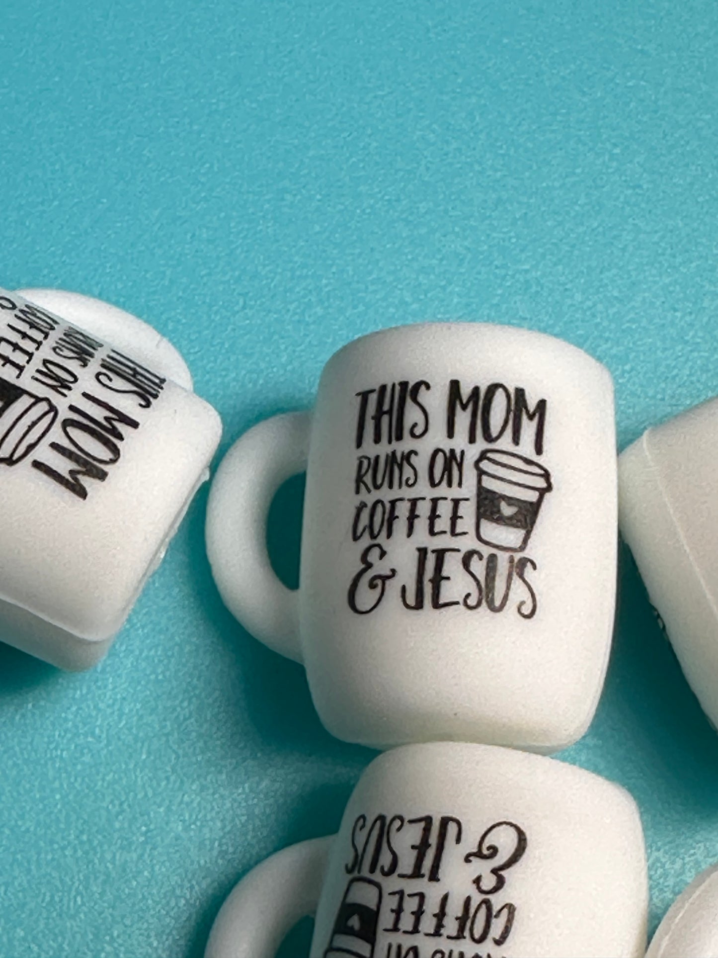 3D Mug/ This Mom runs on coffee and Jesus/ mama Focal Bead/ for beadable pen/ Silicone  bead/keychain bead/ Mothers Day/