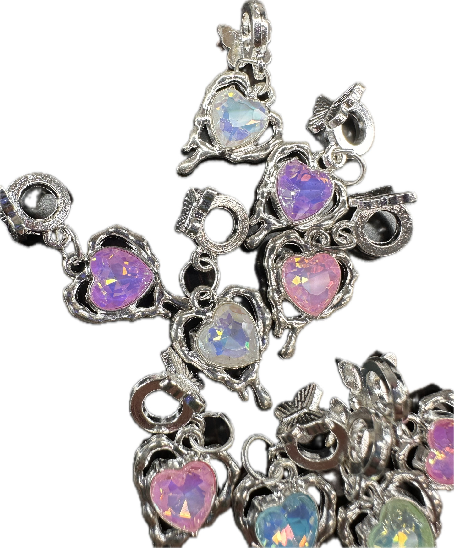 Iridescent Heart Gem Charms with Butterfly Bail – Silver Pendant Beads for Beadable Pens, Bracelets & Keychains (Sold in 1 or Set of 5)