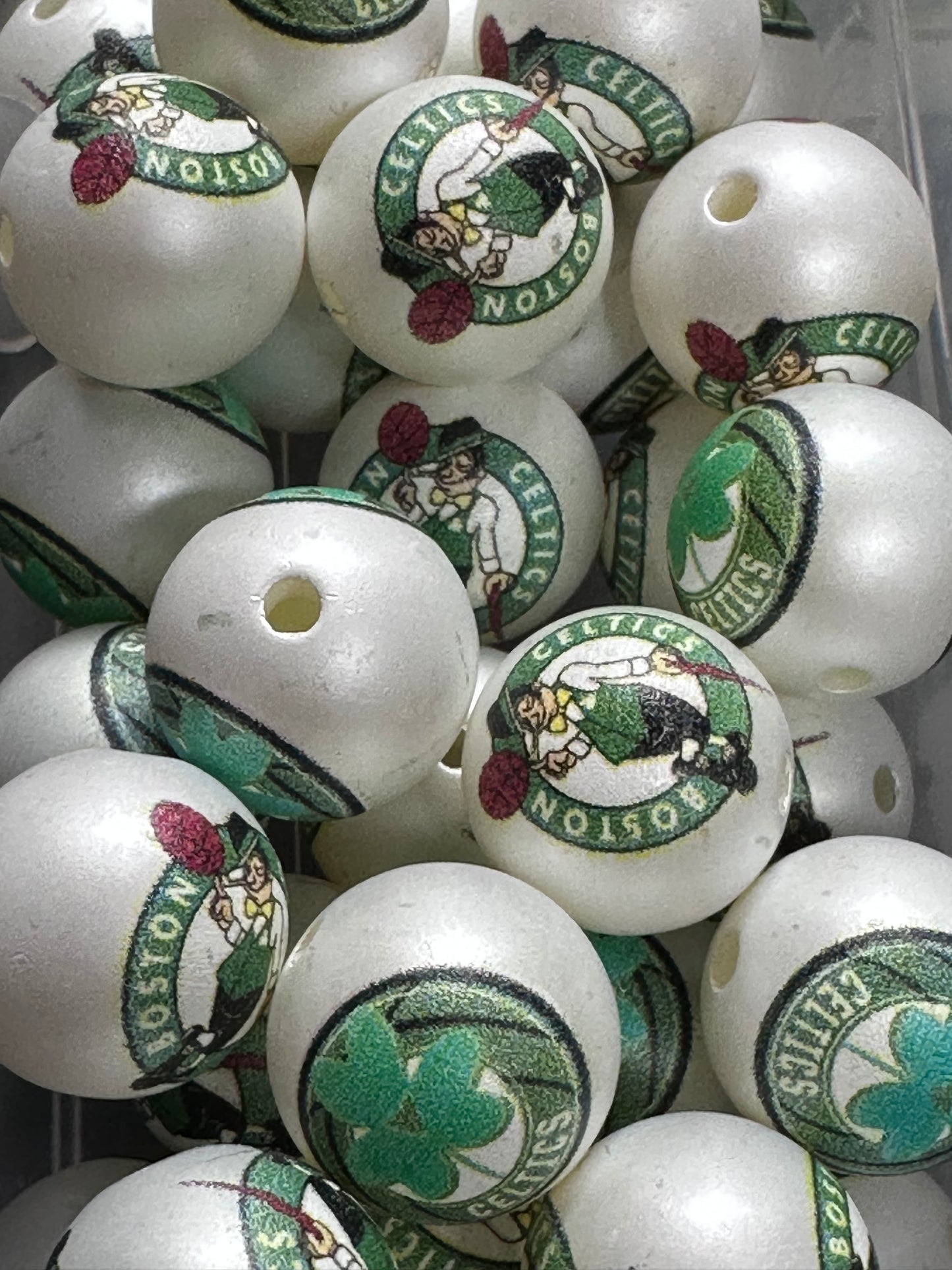 16mm Sports Print Beads • Set of 10 • Great for Pens, Keychains & Crafts- Boston Celtics