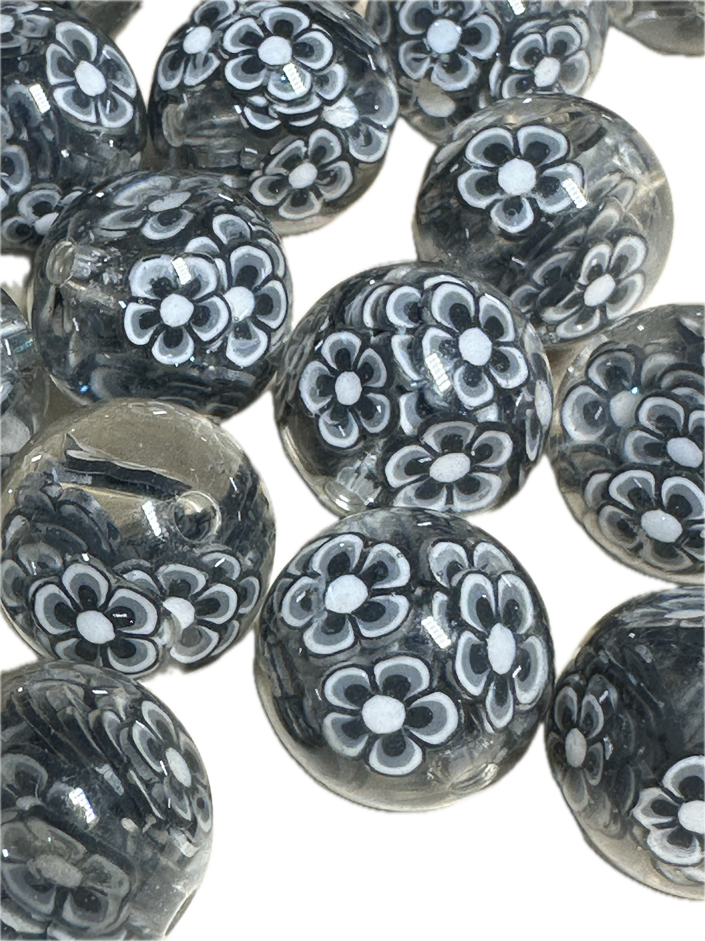 20mm resin beads with black and white flowers inside/ set of five (5) 20mm beads/ infused beads/ pen beading beads/ beautiful / keychain beads/ DIY