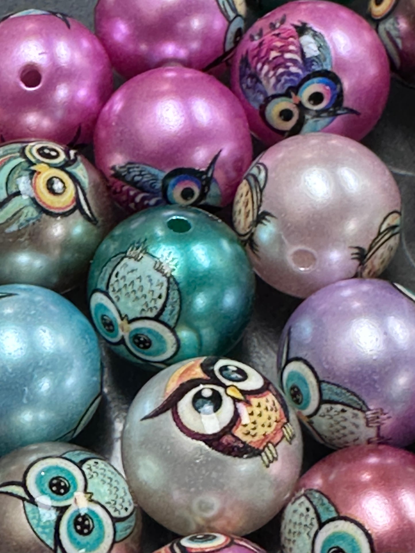 Ten (10) satin colorful owl beads/ round shaped beads/ pen beading beads / keychain beads/ DIY/ 16mm/