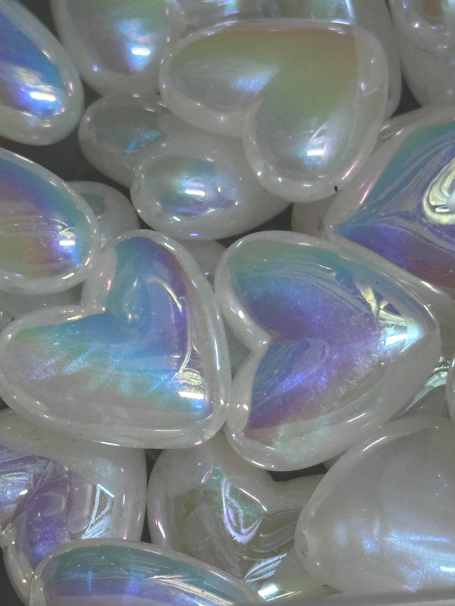 Iridescent white heart beads/ Five (5) acrylic heart shaped beads included/ jewelry Bead/ beadable pen beads/ keychain bead/ DIY