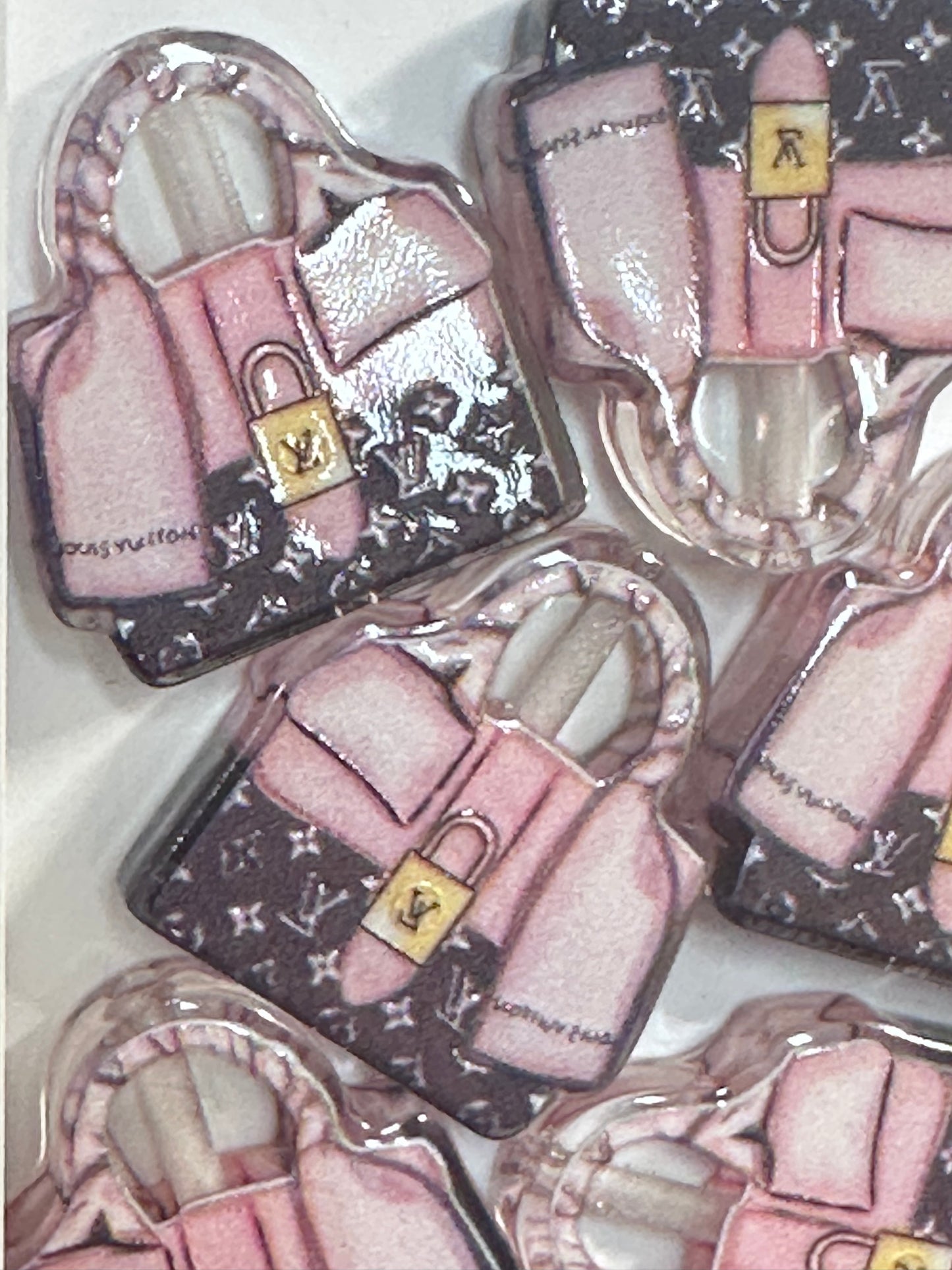 Fancy design Purse Handbag acrylic focal bead- set of 2/ focal bead/pink and brown monogram/ pen beading / keychain bead