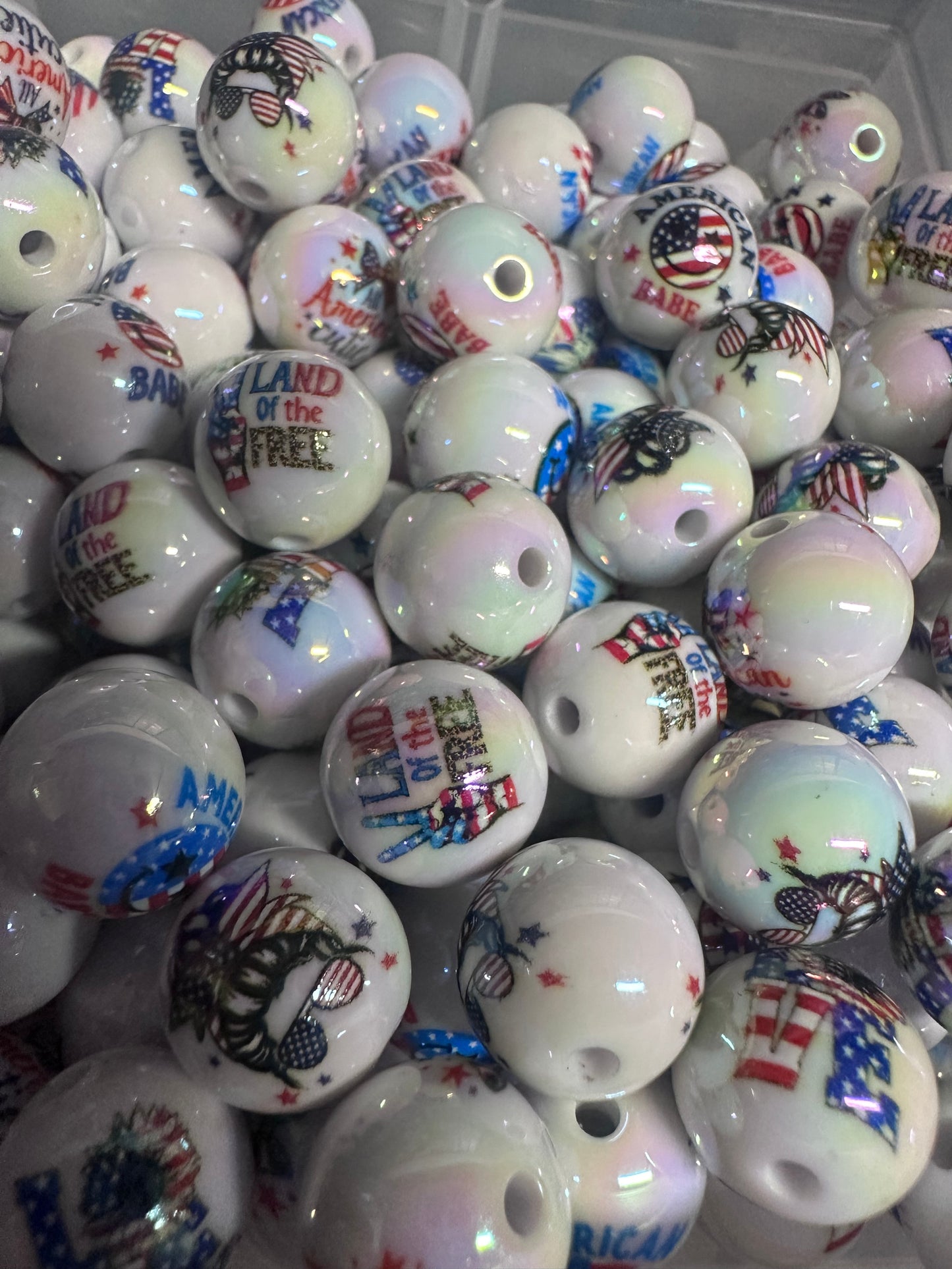 Acrylic white beads with USA themes on them included/ Bead/ beadable pen/ keychain bead/ Patriotic beads/ Ten (10) beads/16mm