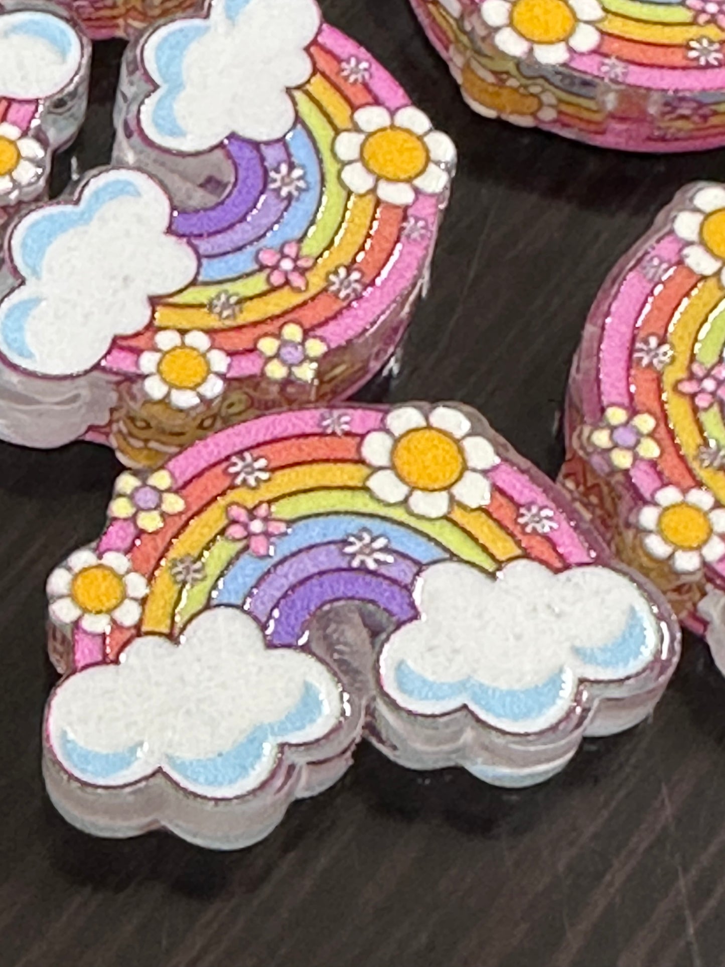 Rainbow with clouds acrylic focal bead- set of 2/ focal bead/ pen beading / keychain bead/