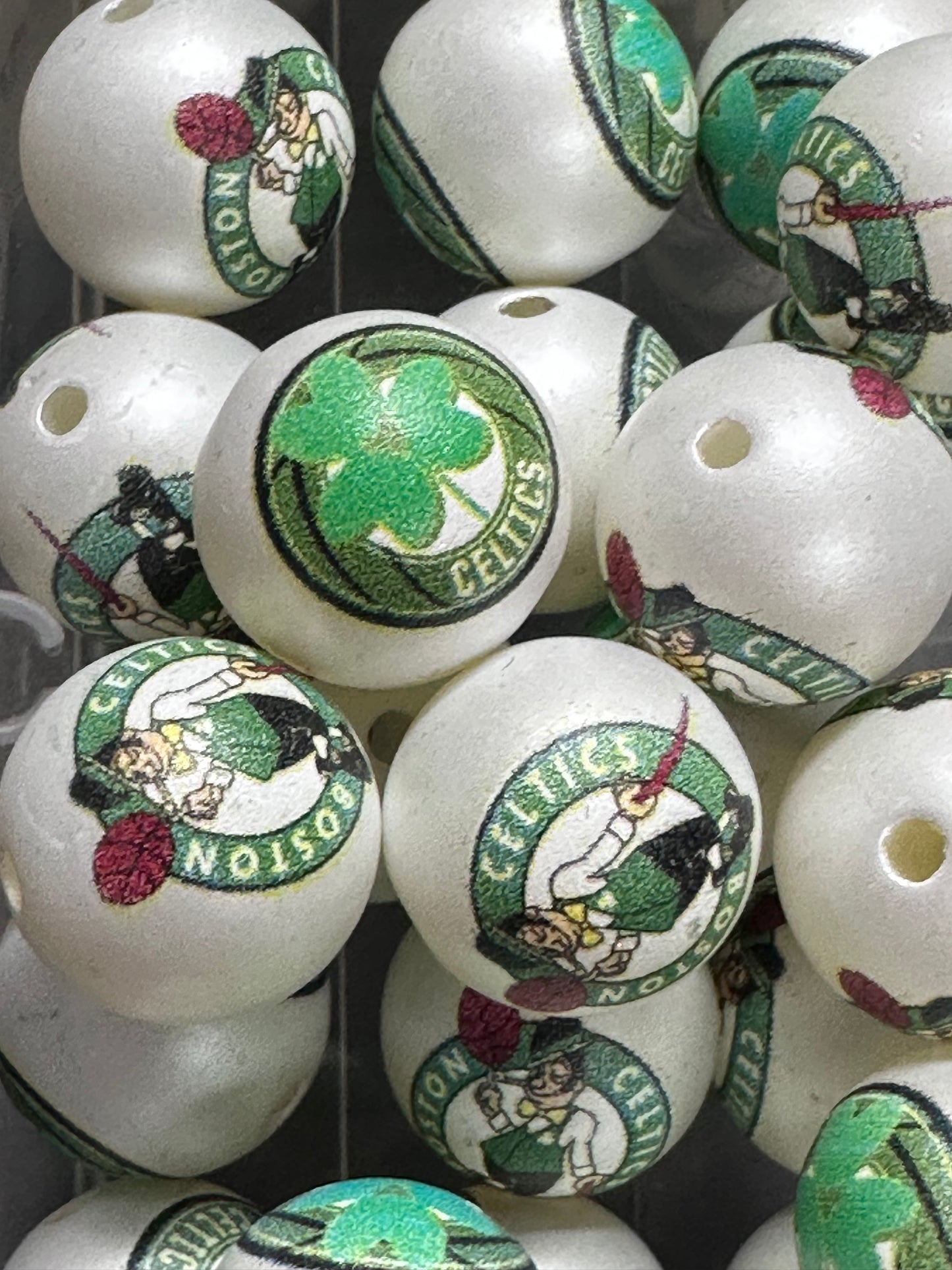 16mm Sports Print Beads • Set of 10 • Great for Pens, Keychains & Crafts- Boston Celtics