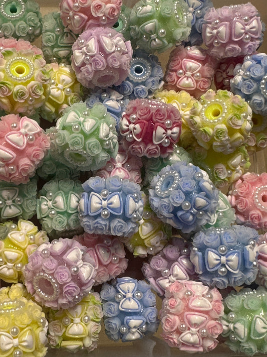 Handmade Beads – Pastel Roses and Bows with Pearls / elegant handcrafted beads/ bows and mini pearl beads/