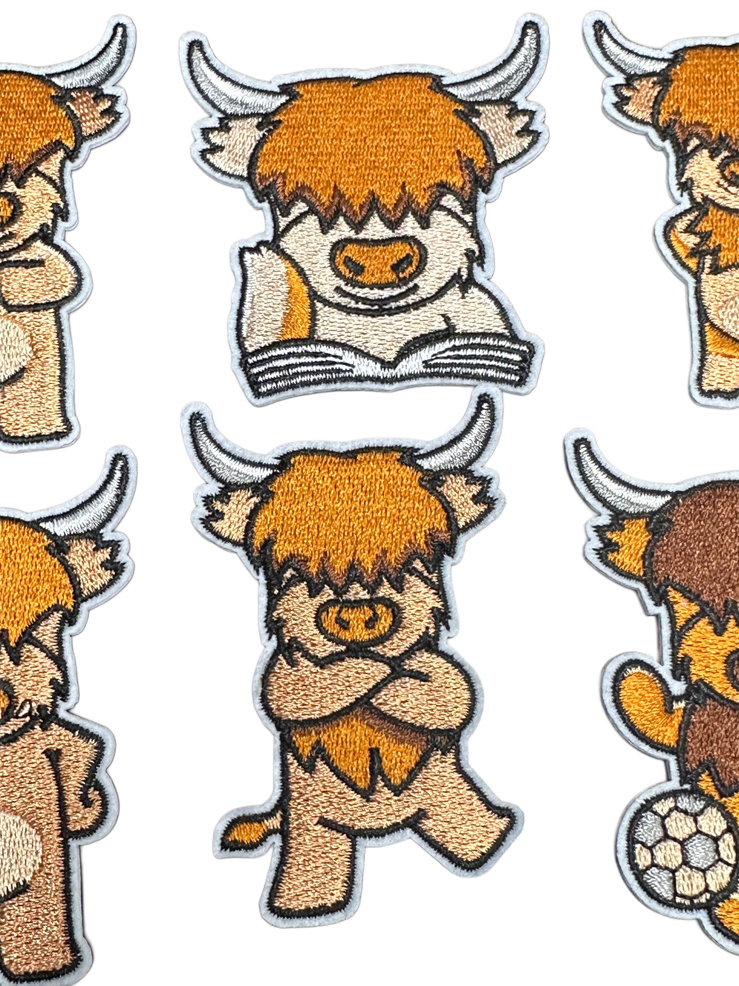 BROWN COW SET/IRON ON PATCH/SIZE SMALL APPROXIMATELY 2.5 x 3.5/ QUALITY MATERIAL/FABRIC PATCHES/ SET OF EIGHT (8) HIGHLAND COWS