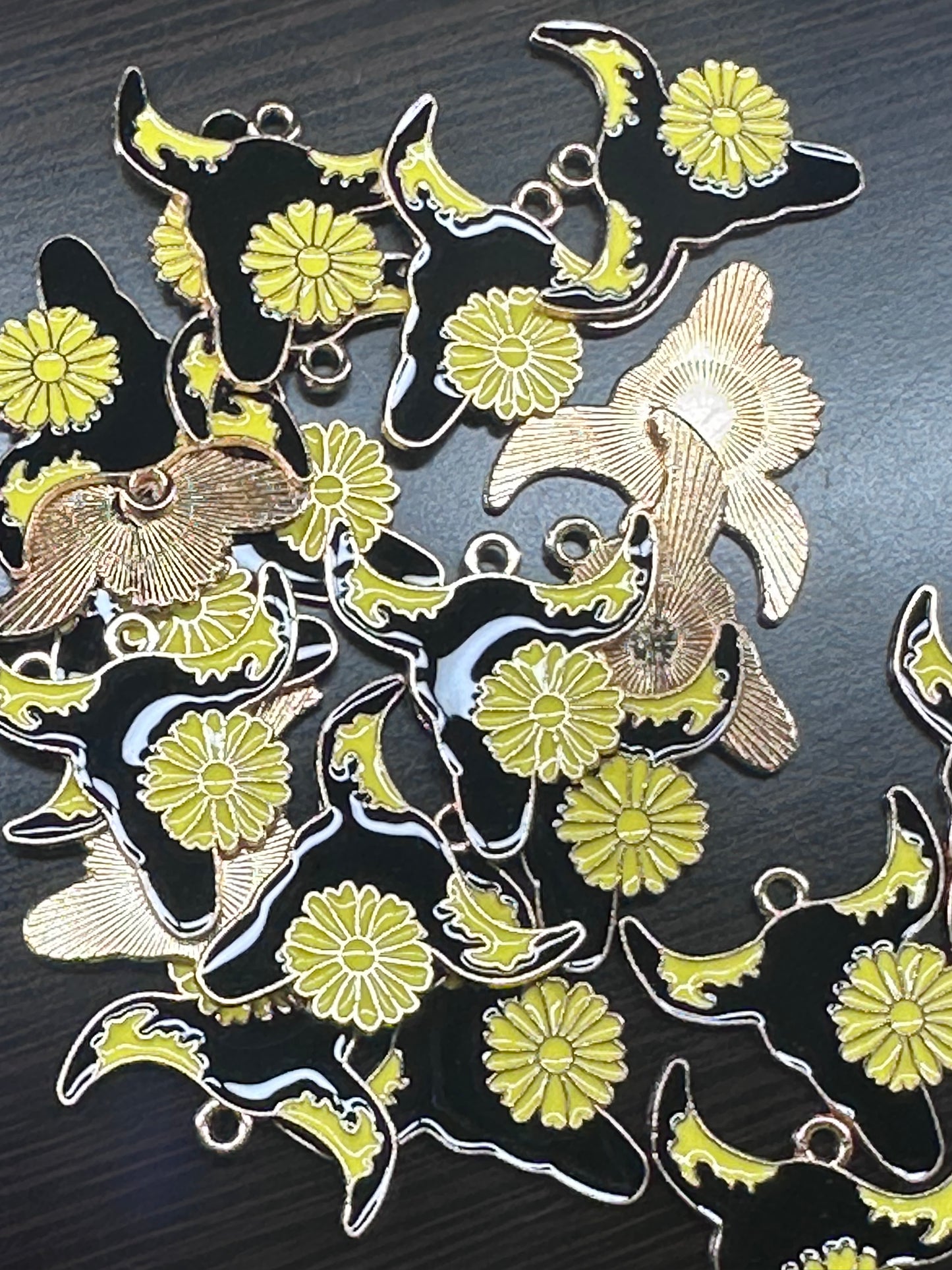 Steer head enamel metal charms/Black cow head with horns and yellow flower/ DIY charm bracelet/ DIY necklace