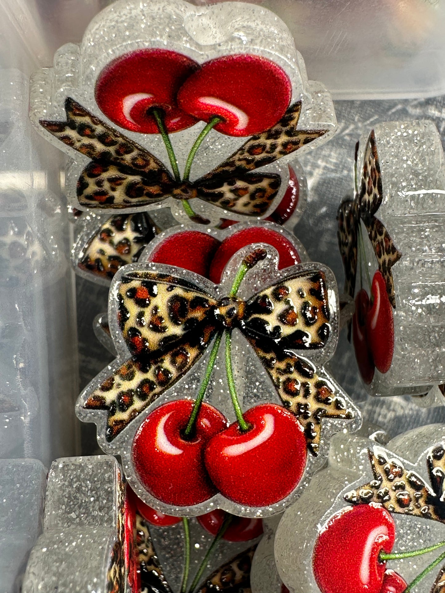 Cherries and leopard bow acrylic focal bead- set of 2/ focal bead/ pen beading / keychain bead/