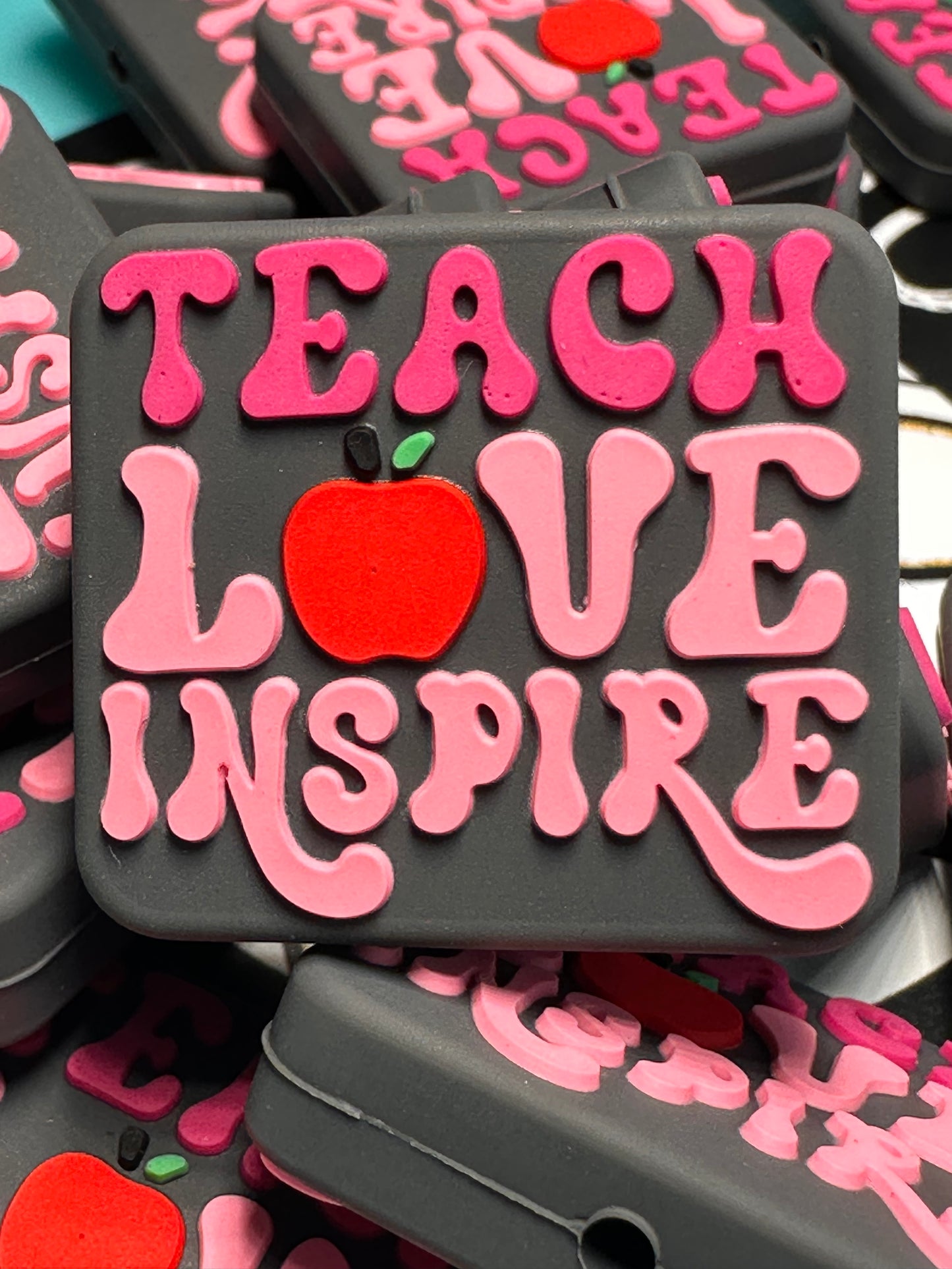 Teach Love Inspire Apple School Teacher Focal Bead/ beadable pen/ Silicone bead/ keychain bead/ teach