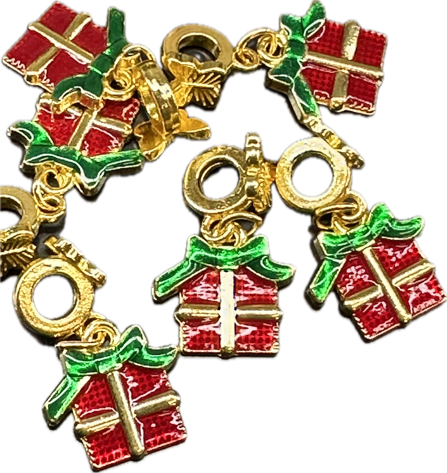 Red Christmas Gift Box Charms on Gold Bail Beads – Holiday Present Pendant for Beadable Pens, Bracelets & Keychains (Sold in 1 or Set of 5)