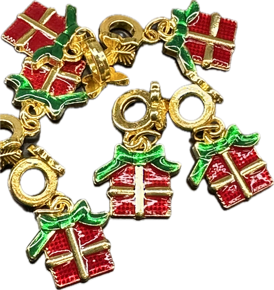 Red Christmas Gift Box Charms on Gold Bail Beads – Holiday Present Pendant for Beadable Pens, Bracelets & Keychains (Sold in 1 or Set of 5)