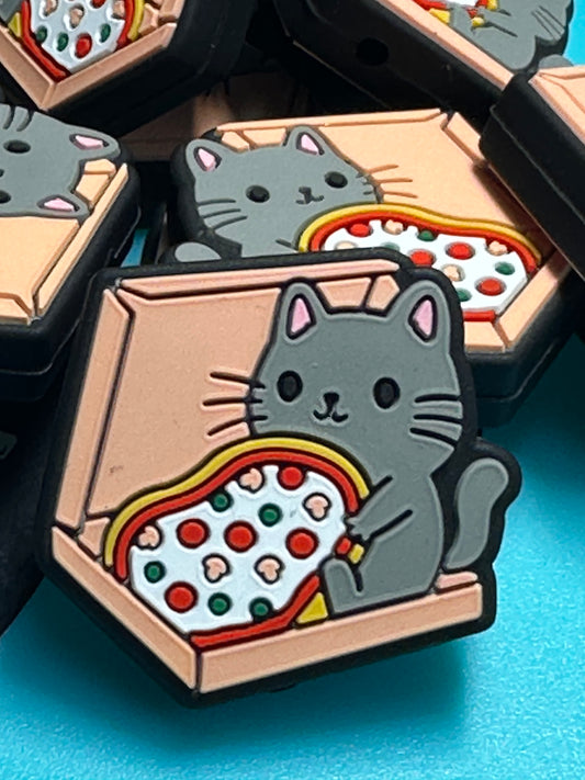 Cat in pizza box silicone focal bead