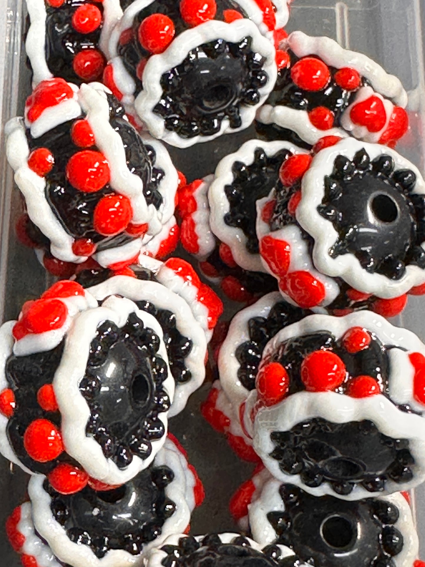 Hand painted handmade Beads – elegant handcrafted beads/hearts and bows beads/ fancy beads/ red white and black/ set of 5