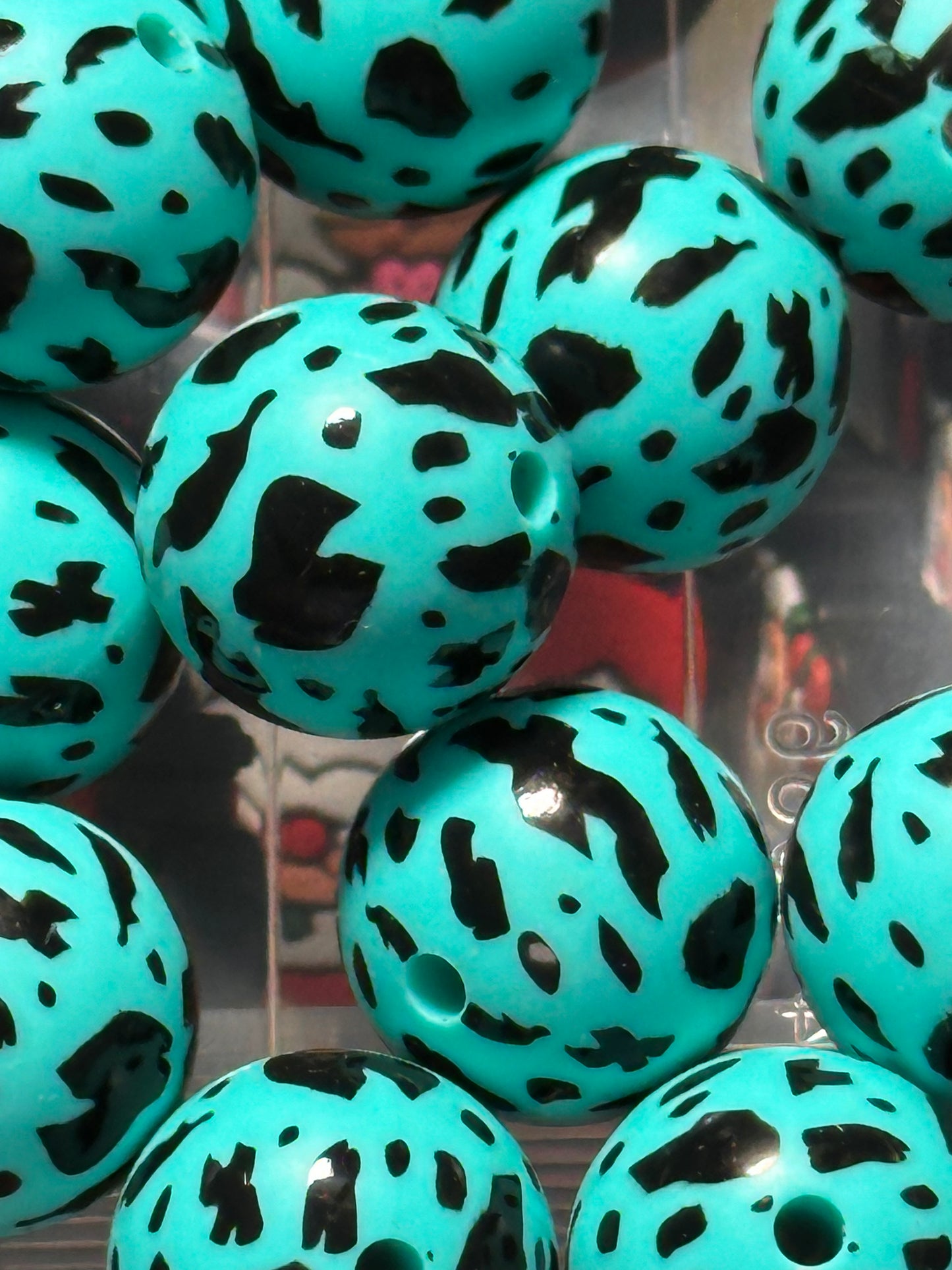 Teal color cow print beads /15 mm round shaped/beadable pen/ keychain bead/10 beads included/ silicone cow print