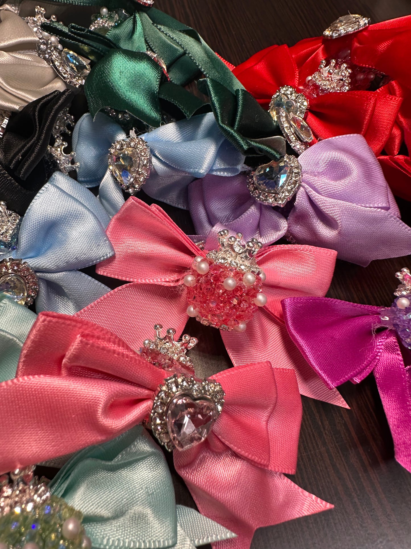 Large fancy rhinestones crown beads with satin bow