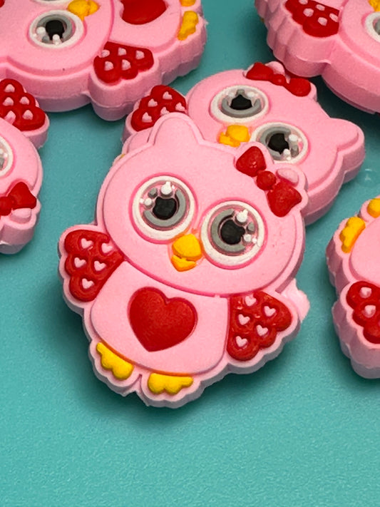 Owl pink with hearts focal beads/ beadable pen/ Silicone bead/ keychain bead/Valentines Day