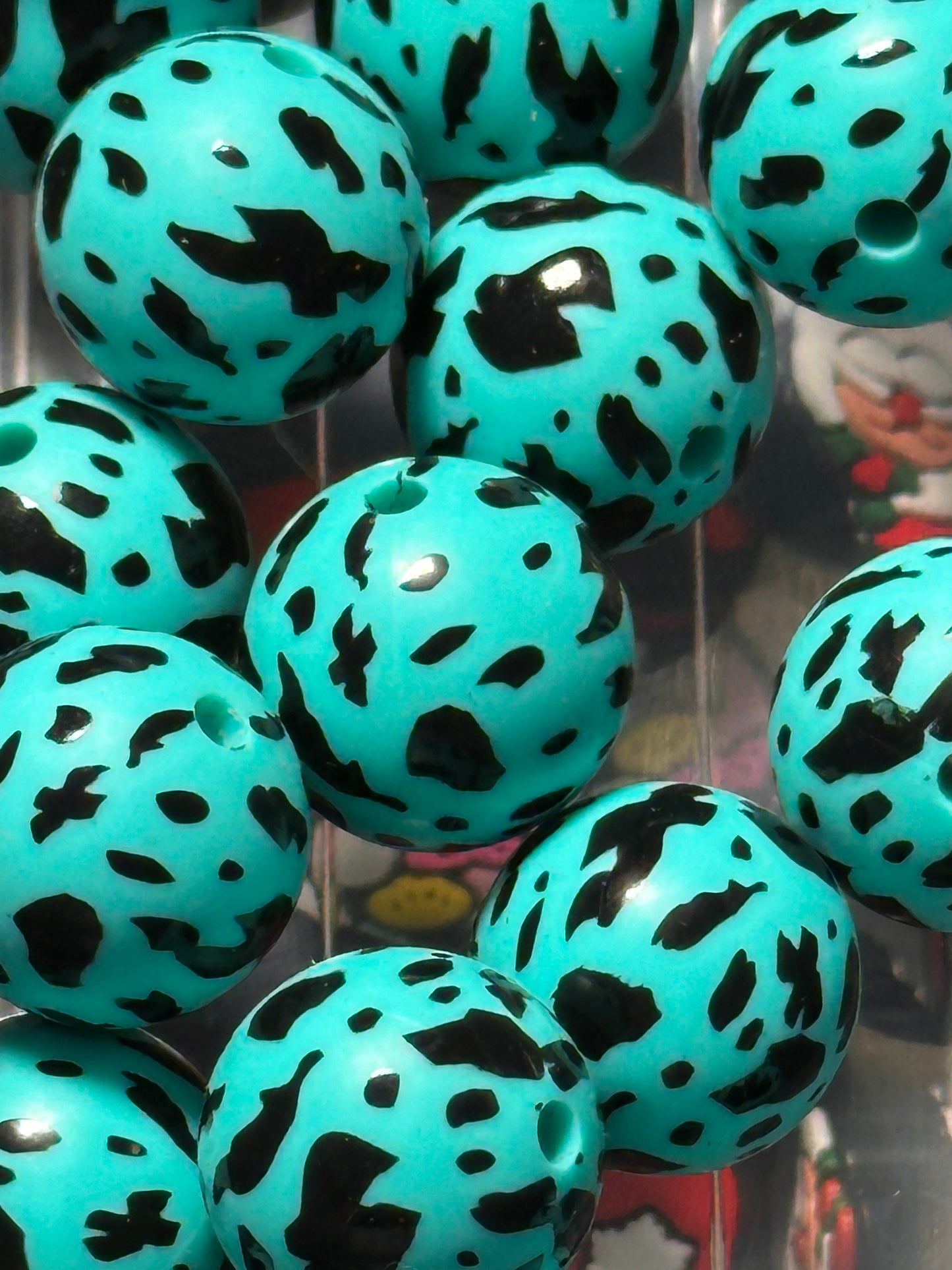 Teal color cow print beads /15 mm round shaped/beadable pen/ keychain bead/10 beads included/ silicone cow print