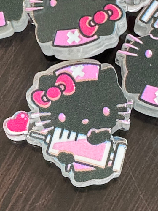 Black cat nurse acrylic focal bead- set of 2/ focal bead/ pen beading / keychain bead/doctor/hospital