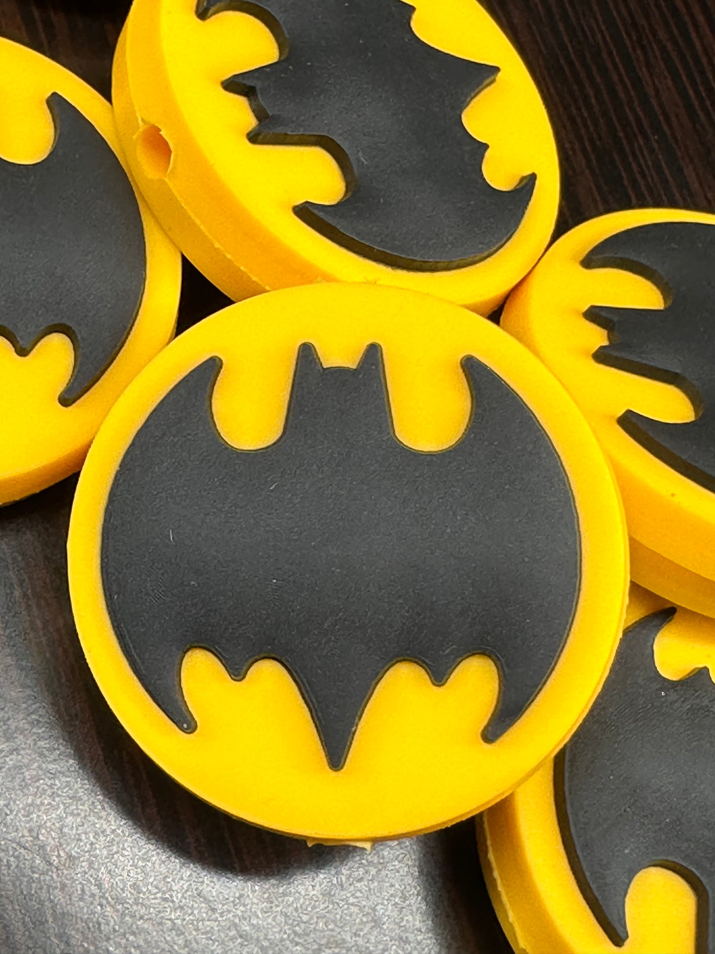 25mm Yellow and Black Silicone Bat Symbol Focal Bead – Vertical Hole, Sold Individually