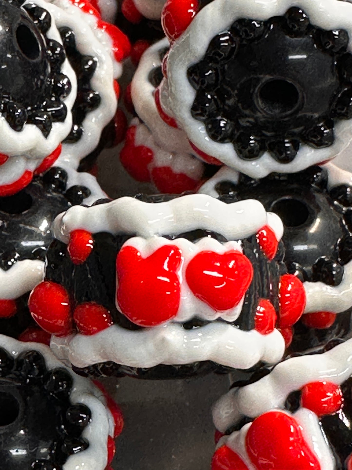 Hand painted handmade Beads – elegant handcrafted beads/hearts and bows beads/ fancy beads/ red white and black/ set of 5