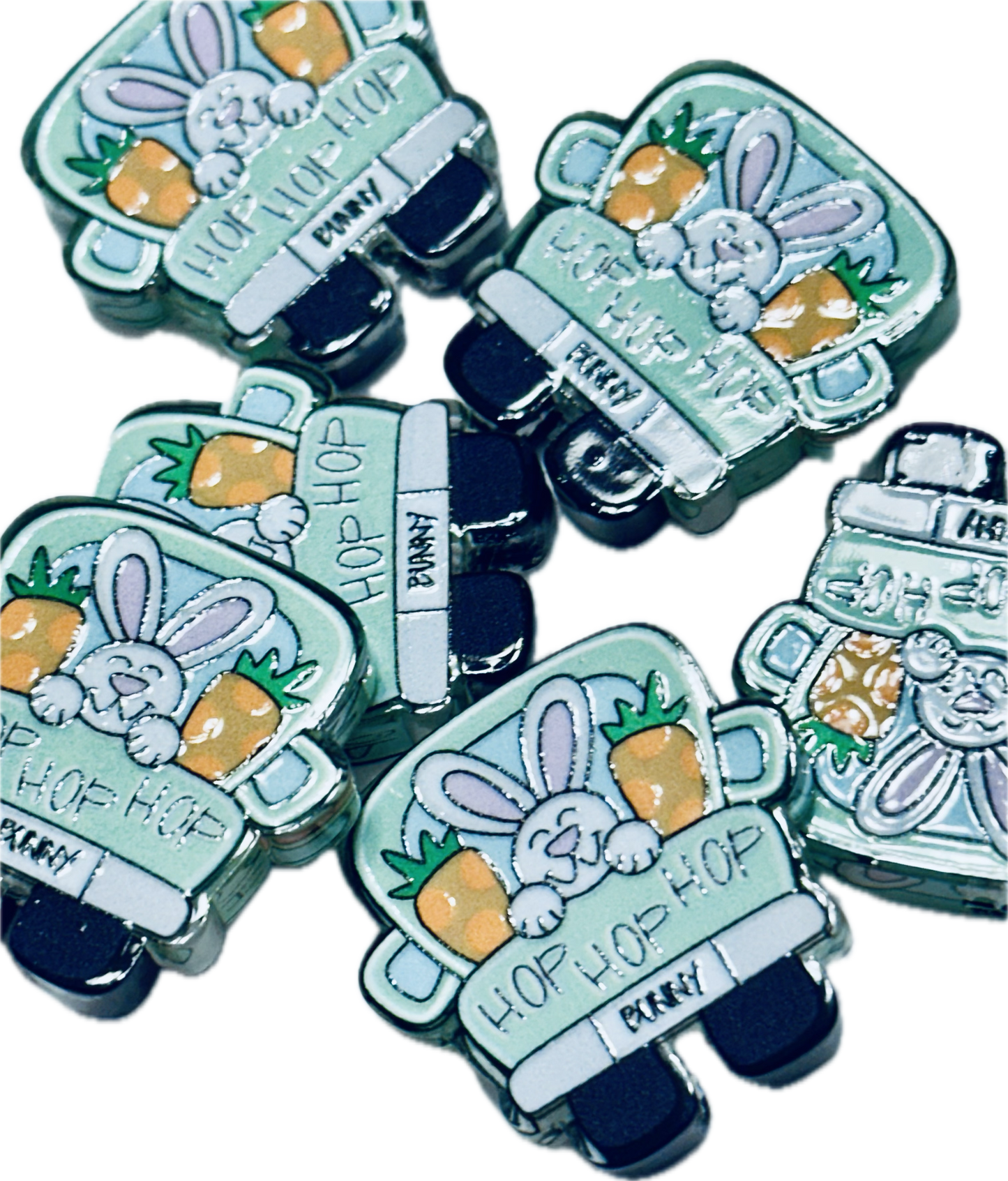 Easter bunny in truck acrylic focal bead- set of 2/ focal bead/pink double c/ pen beading / keychain bead