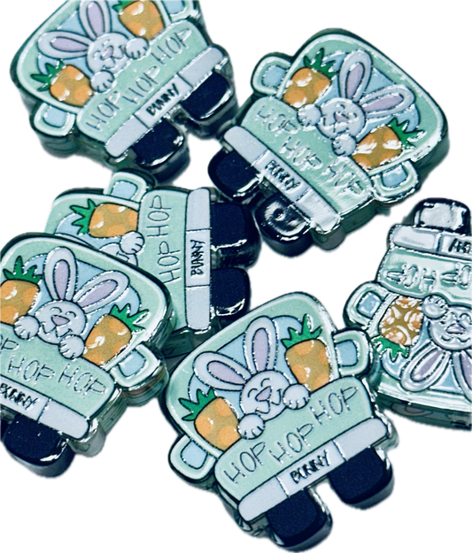 Easter bunny in truck acrylic focal bead- set of 2/ focal bead/pink double c/ pen beading / keychain bead