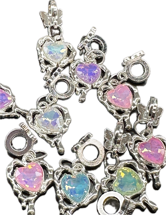 Iridescent Heart Gem Charms with Butterfly Bail – Silver Pendant Beads for Beadable Pens, Bracelets & Keychains (Sold in 1 or Set of 5)