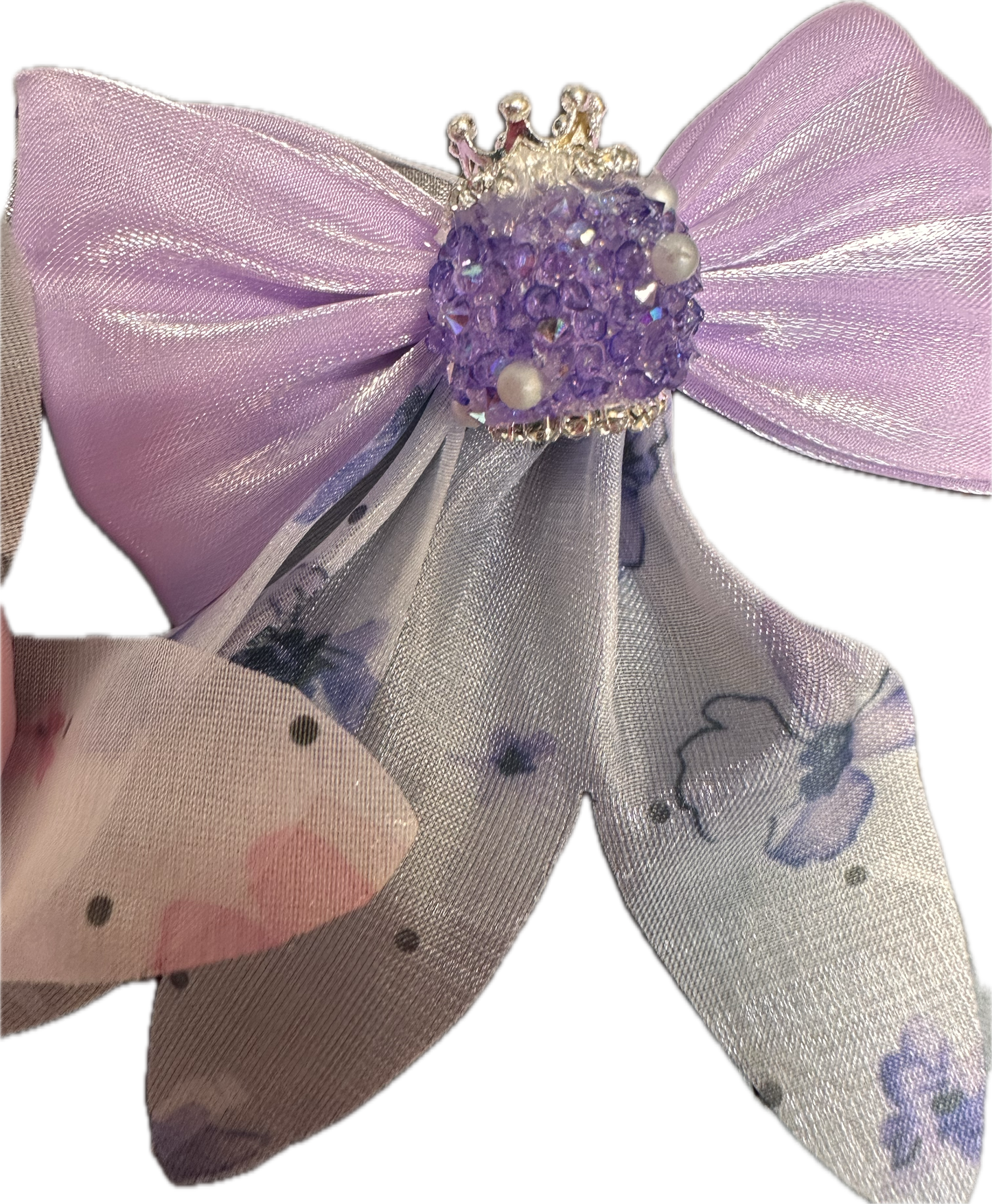 Large fancy rhinestones crown beads with floral satin bow