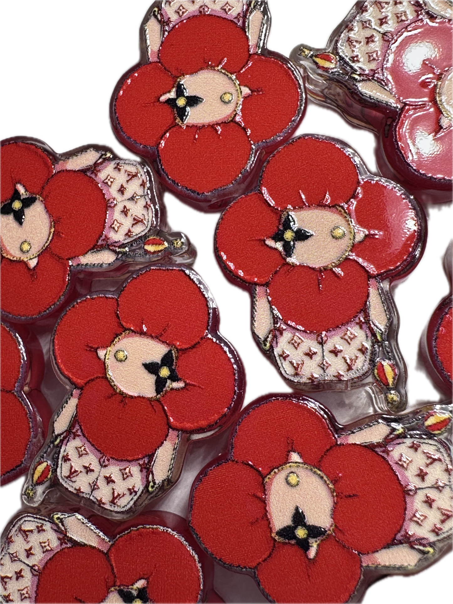 Design Red Flower acrylic focal bead- set of 2/ focal bead/ pen beading / keychain bead/