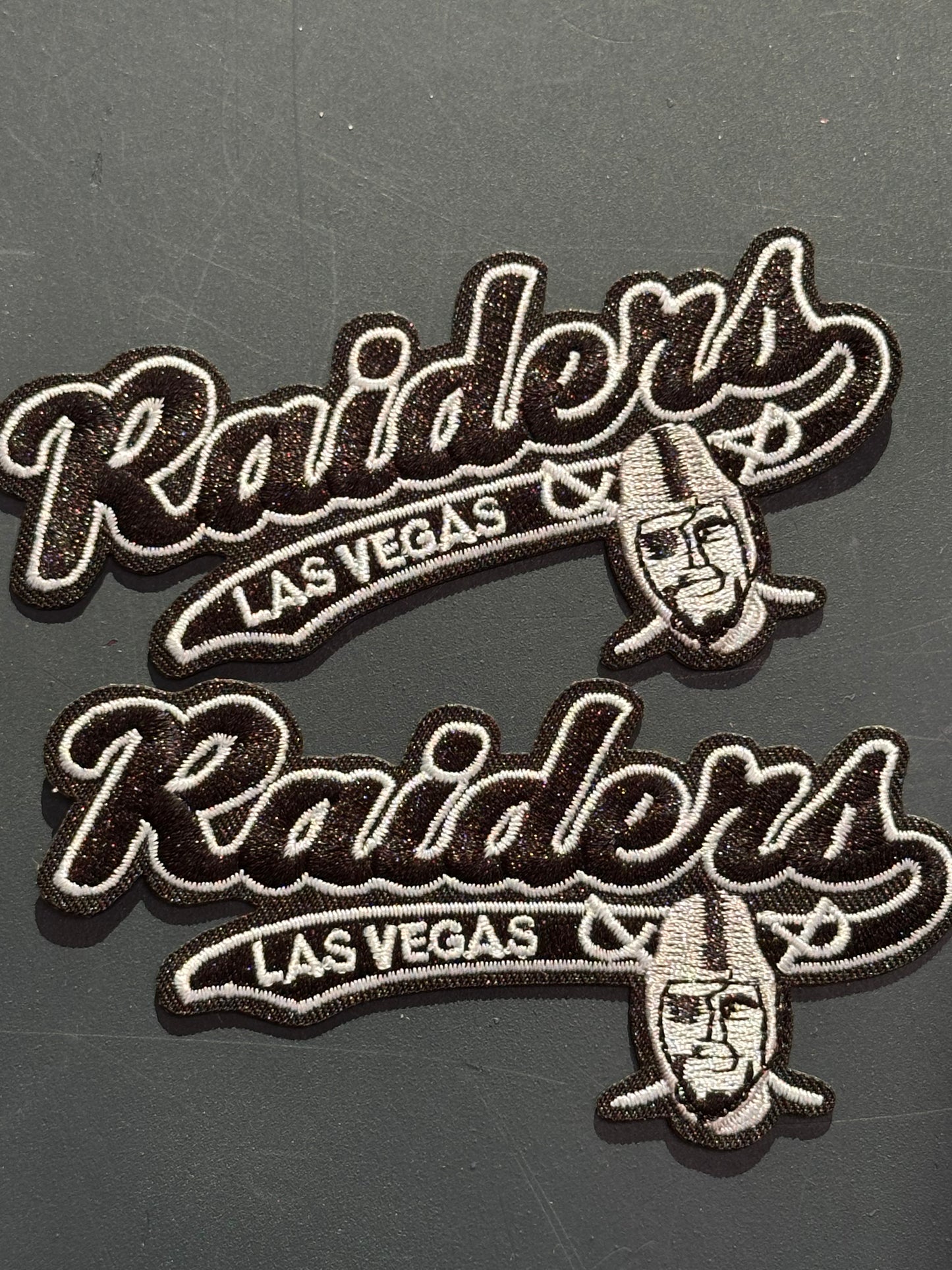 LAS VEGAS RAIDERS EMBROIDERED IRON ON PATCH/ SIZE APPROX 4" x 2"/ QUALITY MATERIAL/FABRIC PATCHES/FOOTBALL TEAM