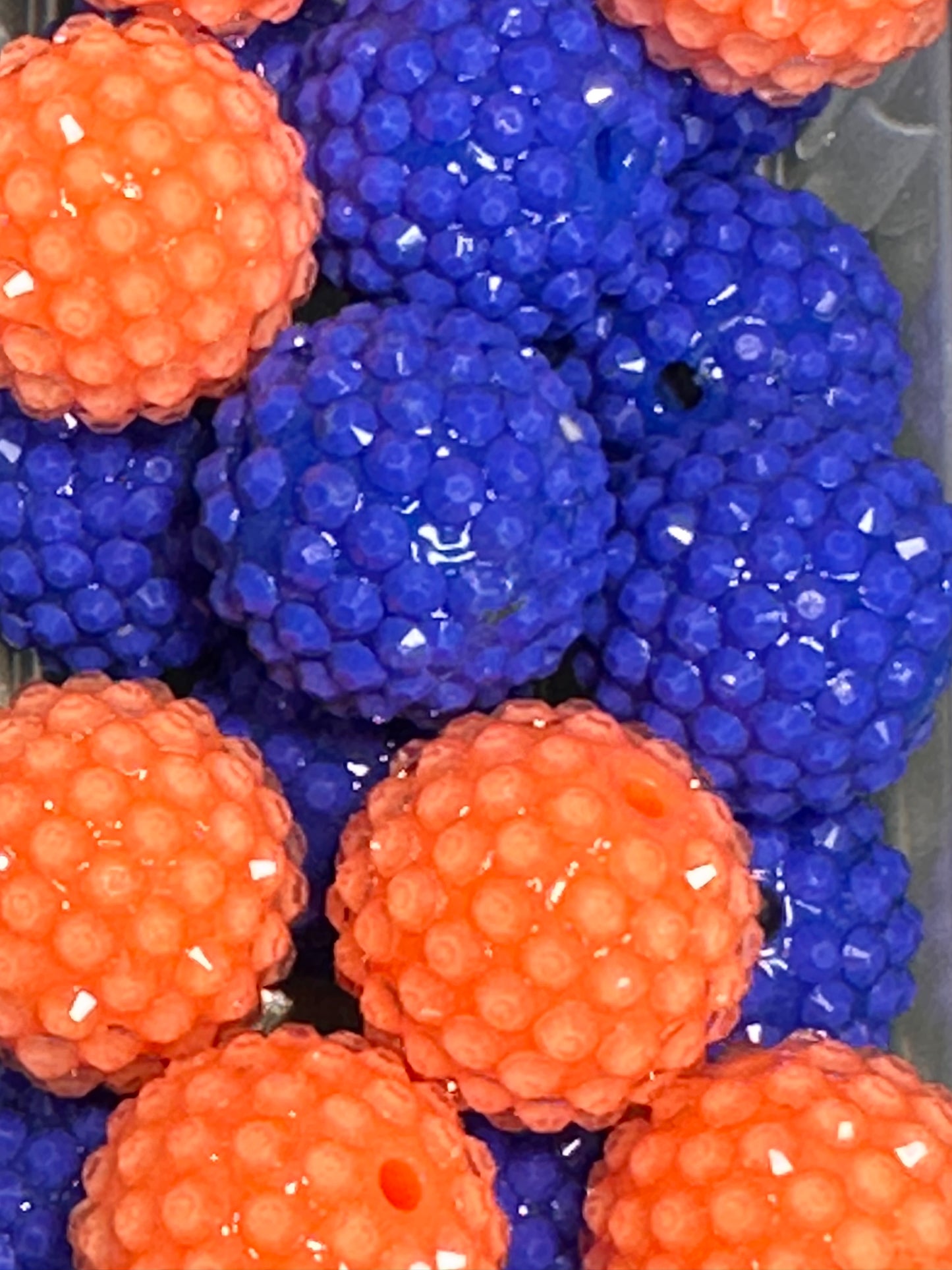 Rhinestone Bead/Set of ten beads-Five beads each color included/ perfect to go with Florida Gators and University of Auburn /fits beadable pen/ Fancy bead/ keychain bead/ dark blue and orange/ 20mm