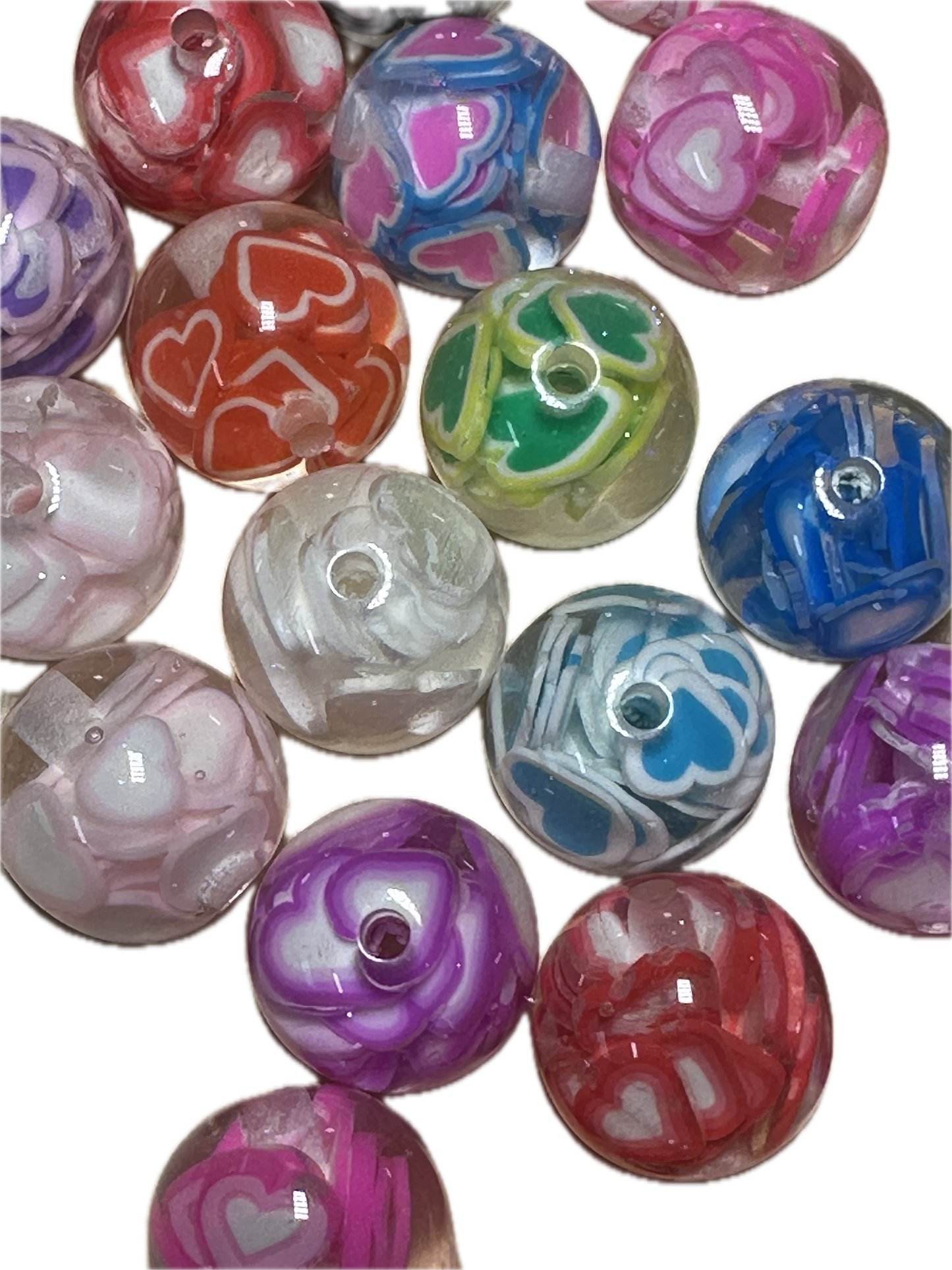 16mm resin beads with assorted color hearts inside/ set of ten (10) 16mm beads/ infused beads/ pen beading beads/ beautiful / keychain beads/ DIY