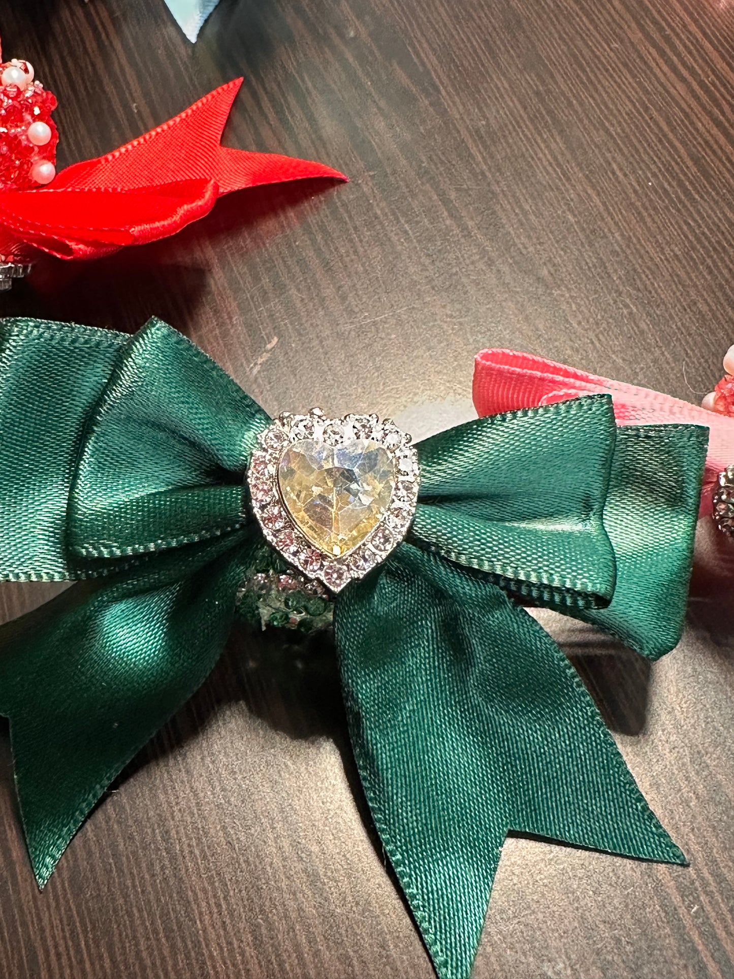 Large fancy rhinestones crown beads with satin bow