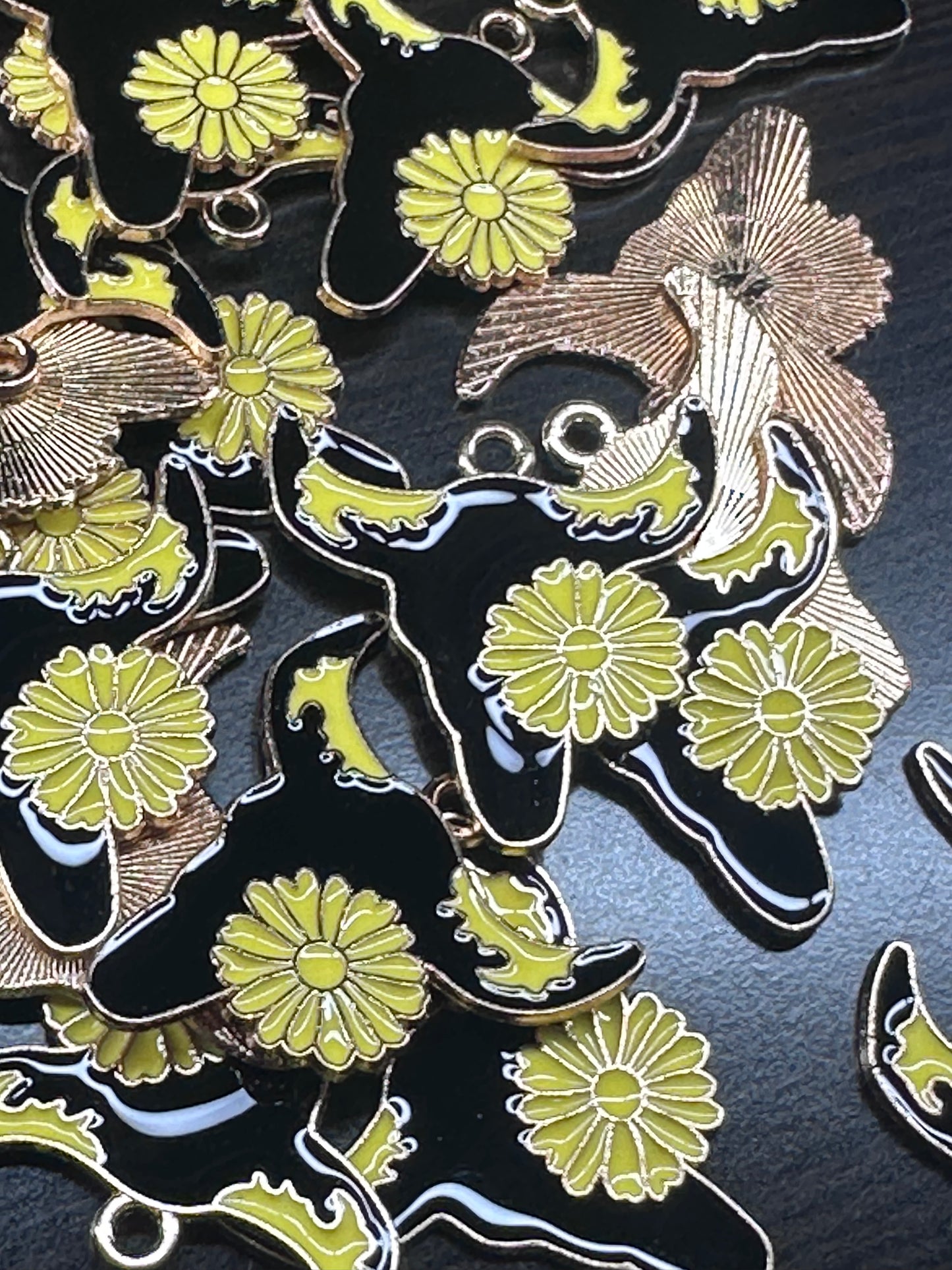 Steer head enamel metal charms/Black cow head with horns and yellow flower/ DIY charm bracelet/ DIY necklace