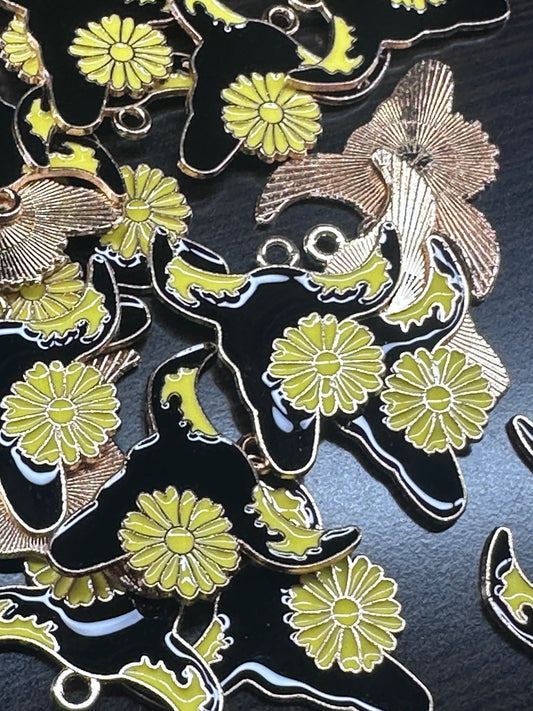 Steer head enamel metal charms/Black cow head with horns and yellow flower/ DIY charm bracelet/ DIY necklace