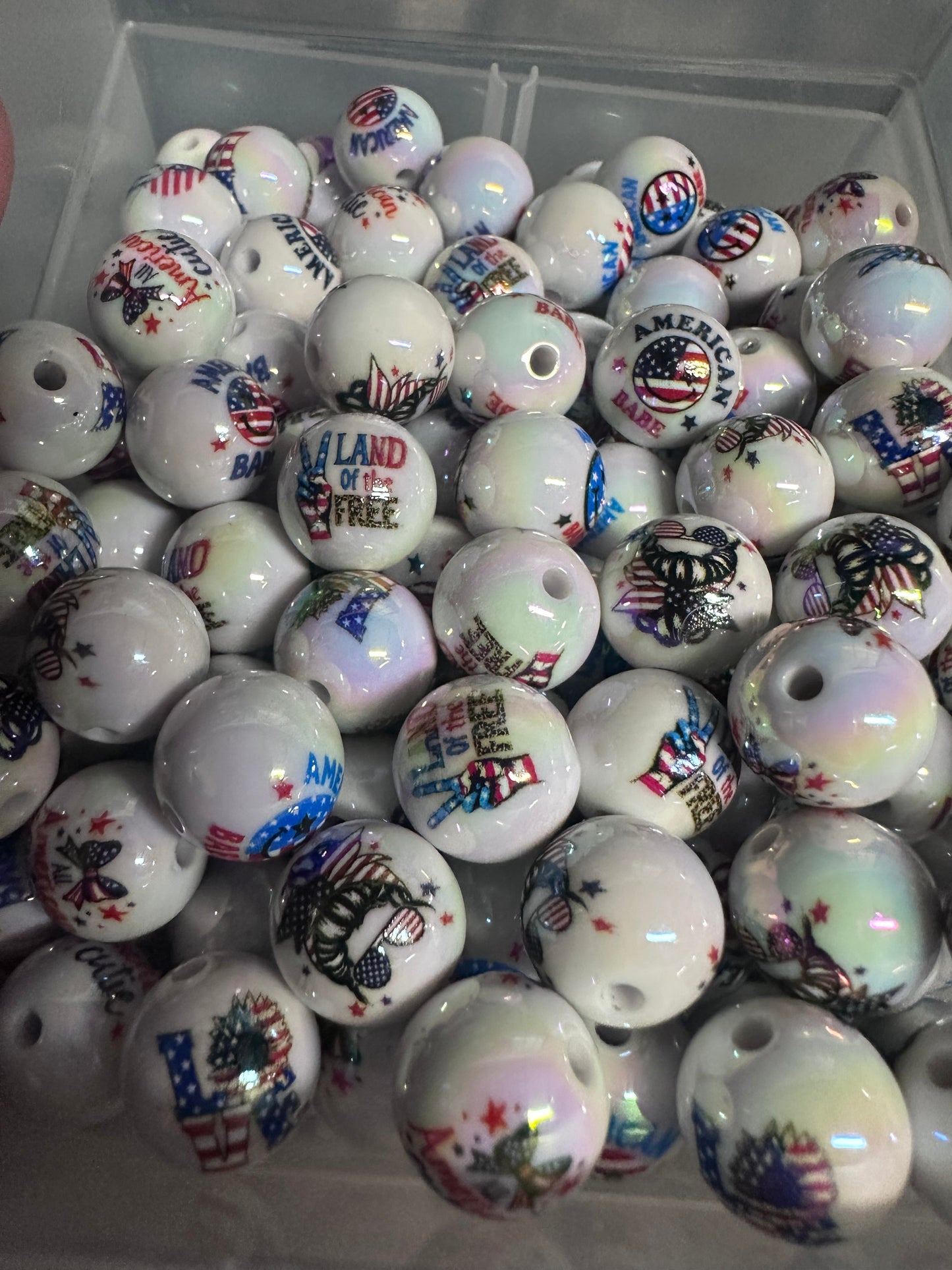Acrylic white beads with USA themes on them included/ Bead/ beadable pen/ keychain bead/ Patriotic beads/ Ten (10) beads/16mm
