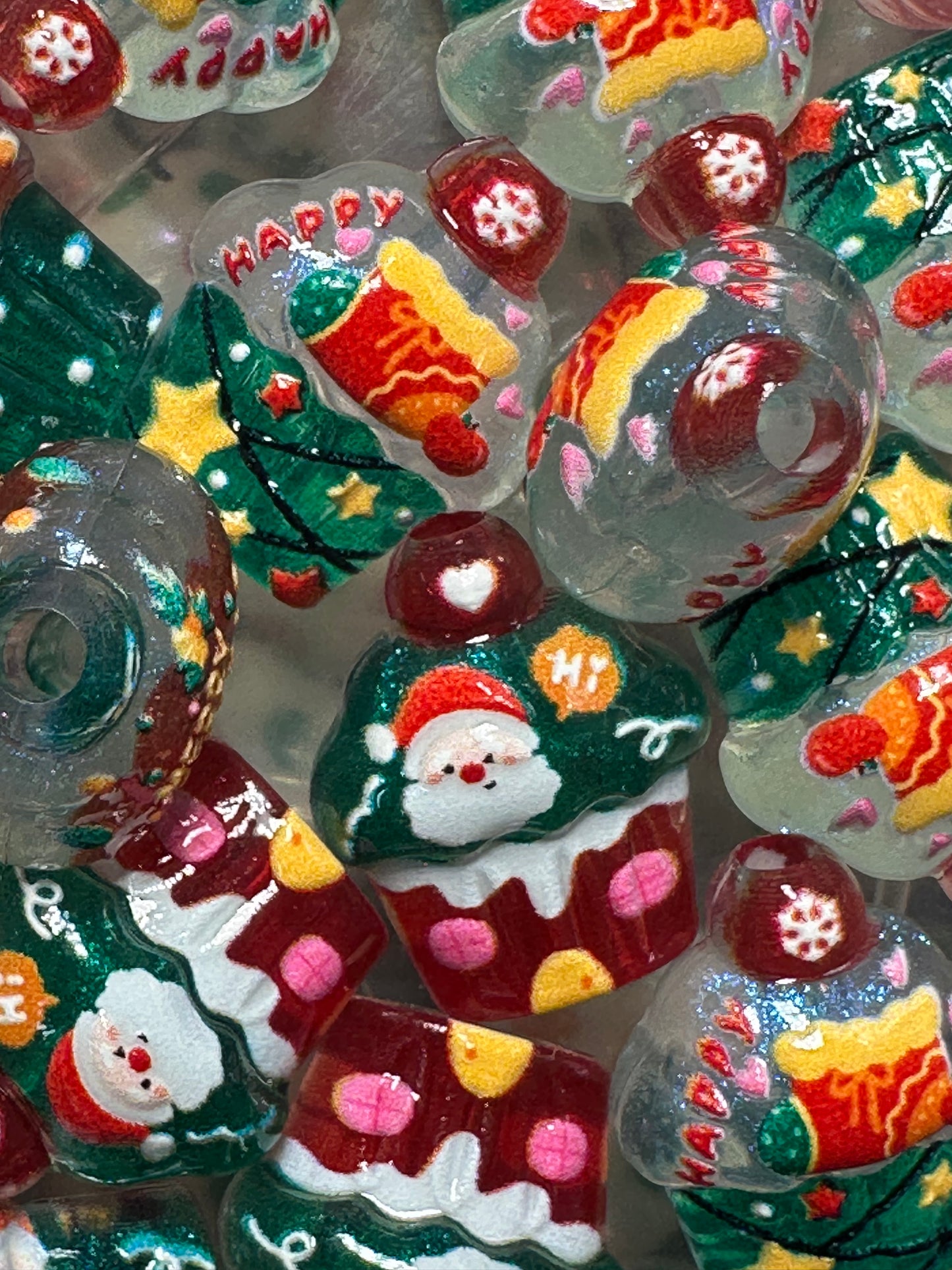 Christmas Cupcake Shaped  Acrylic Beads • 16MM Beads • Pen Beads • Beadable Pen Supplies • DIY Craft Beads • Random Mix – Set of 10