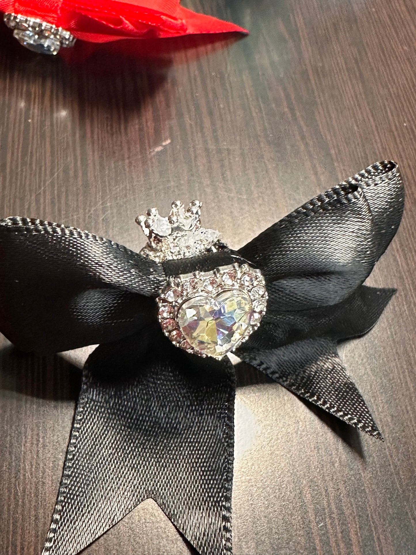Large fancy rhinestones crown beads with satin bow
