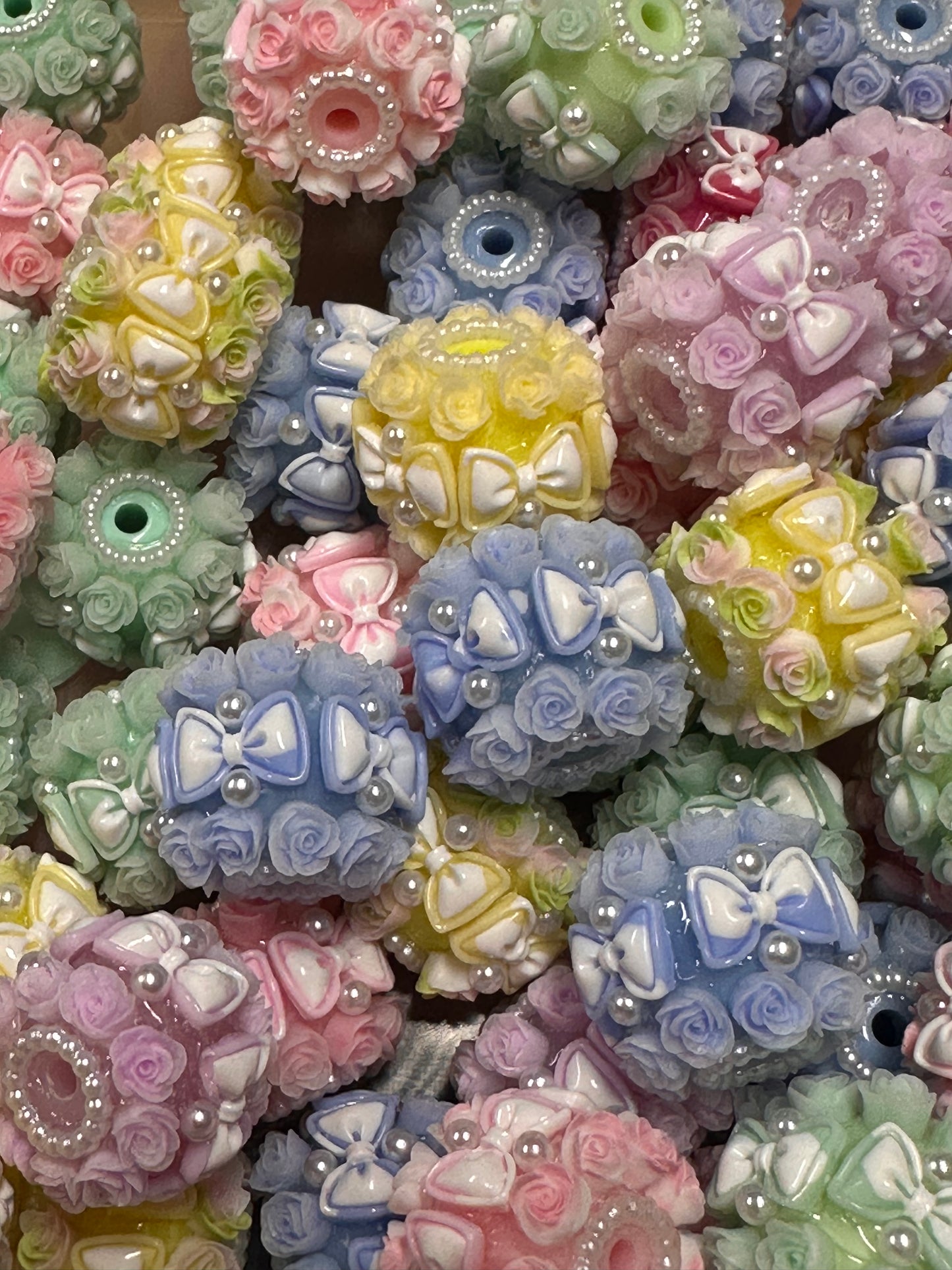 Handmade Beads – Pastel Roses and Bows with Pearls / elegant handcrafted beads/ bows and mini pearl beads/