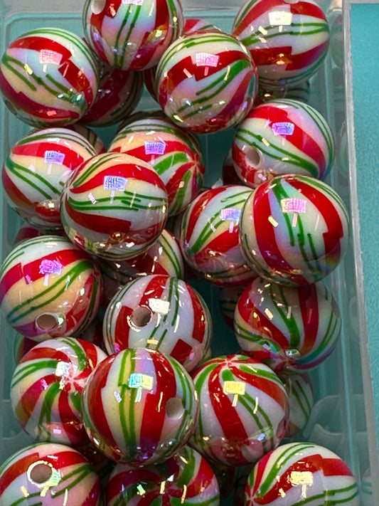 Acrylic red, green, and white striped beads included/ Bead/ beadable pen/ keychain bead/ Christmas bead/ Ten (10) beads