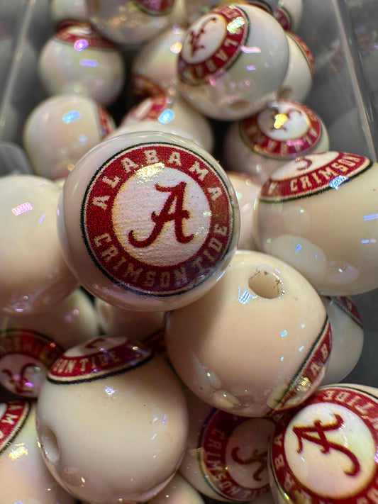 Acrylic college football on glossy white beads/ sports team bead/ beadable pen/ keychain bead/16 mm-set of 10