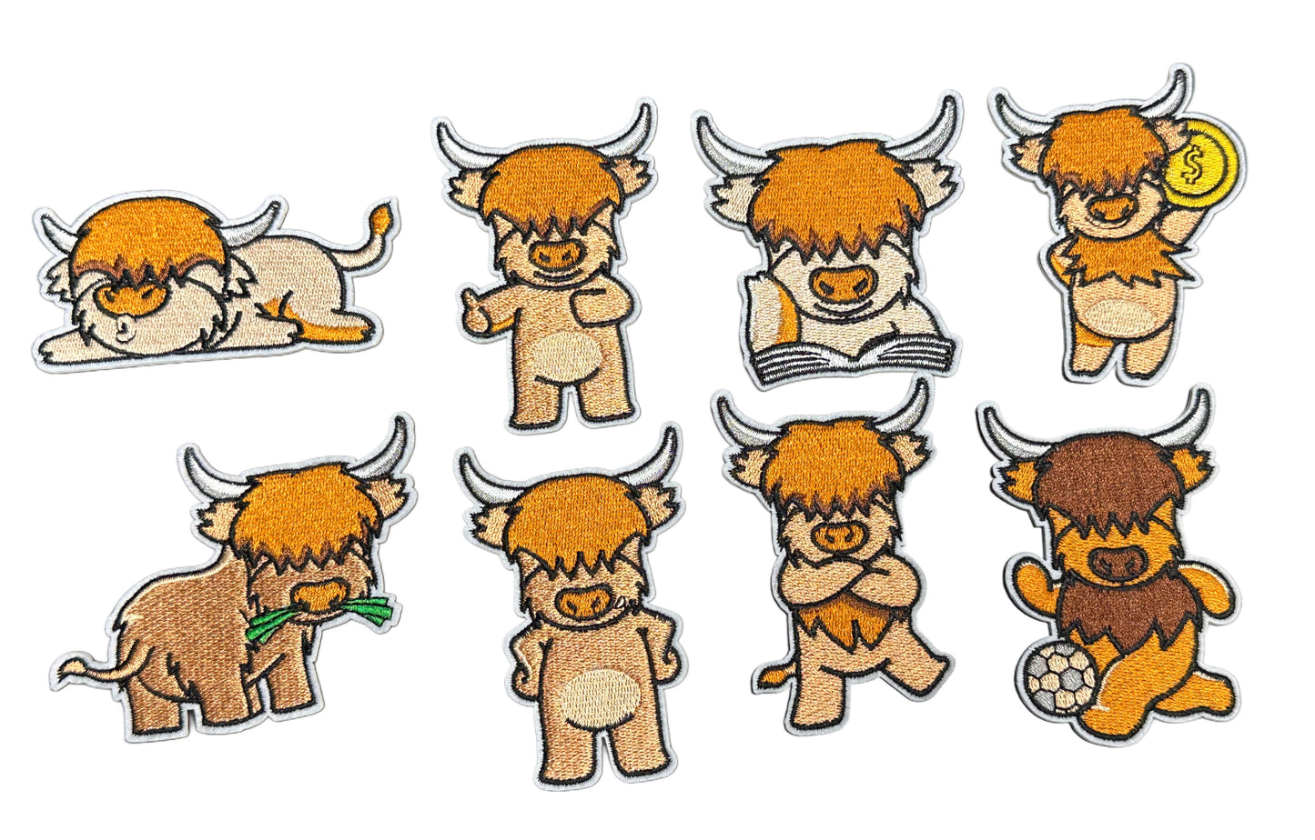 BROWN COW SET/IRON ON PATCH/SIZE SMALL APPROXIMATELY 2.5 x 3.5/ QUALITY MATERIAL/FABRIC PATCHES/ SET OF EIGHT (8) HIGHLAND COWS